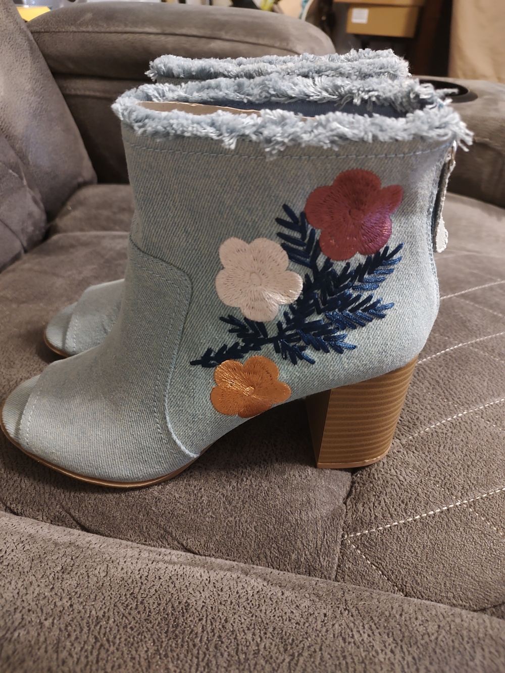 Floral Embroidered Light Blue Denim Ankle Booties